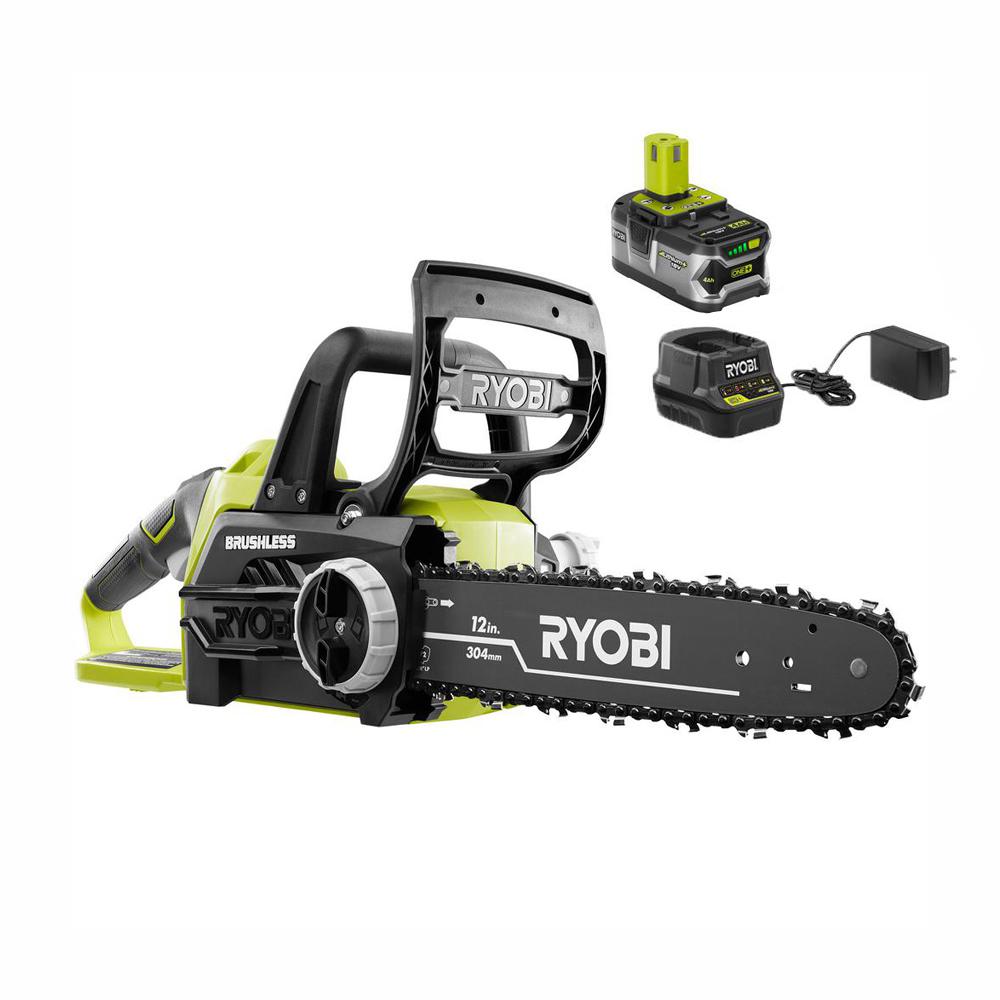 Ryobi One 12 In 18 Volt Brushless Lithium Ion Electric Cordless Chainsaw 4 0 Ah Battery And Charger Included