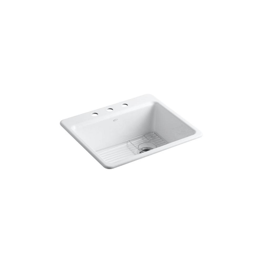 Kohler Riverby Drop In Cast Iron 25 3 Hole Single Basin Kitchen 3 Hole Single Basin Kitchen Sink Kit With Rack In White