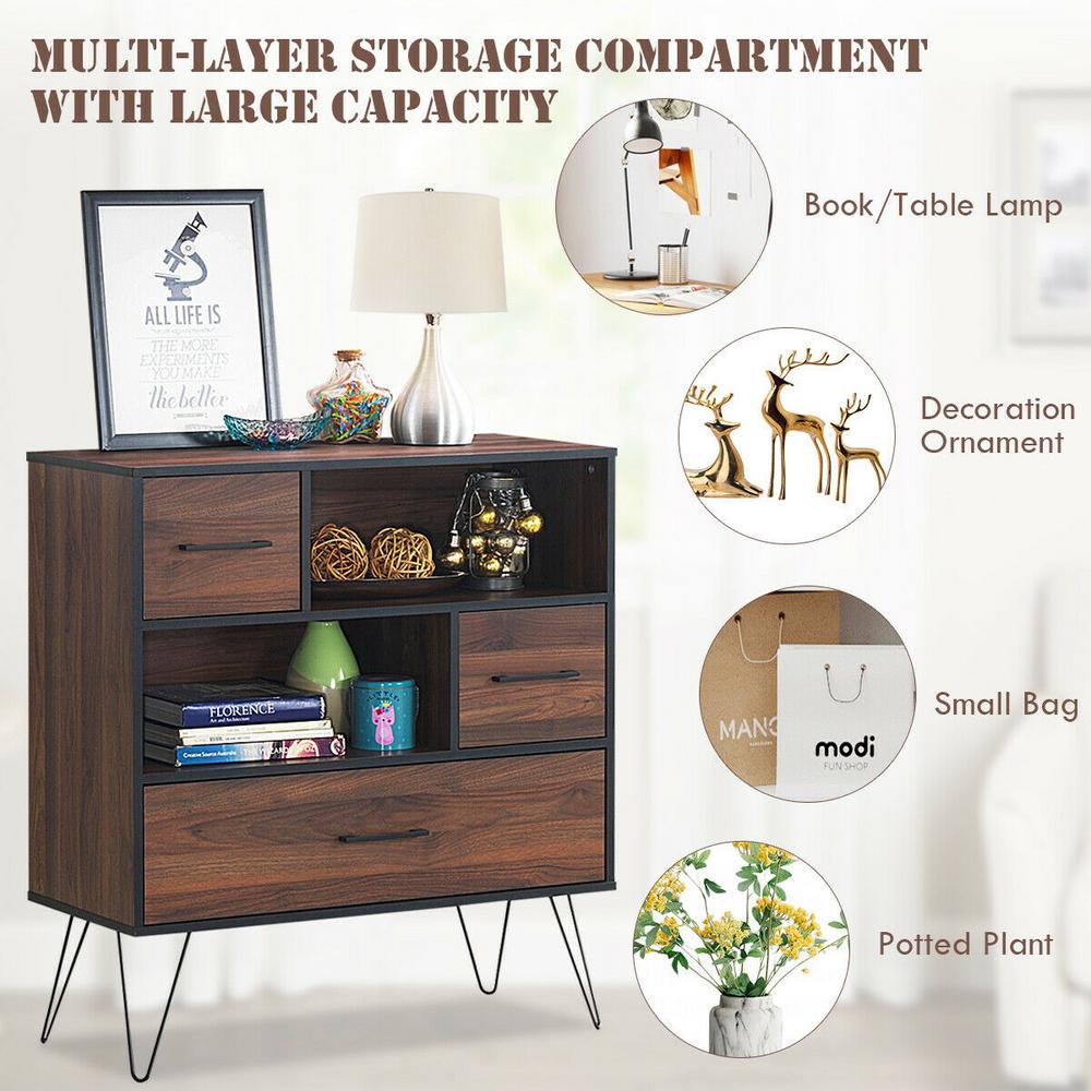Brown Wooden Desk Organiser 3 Compartment 2 Drawers Storage Cabinet Decorative Display Unit Tidy New