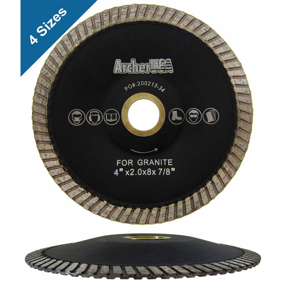 9 sizes from 4 inch to 14 in. Archer PRO 5 Narrow Turbo Rim Diamond Blades for Cutting Granite Stone Masonry Counter-top slabs