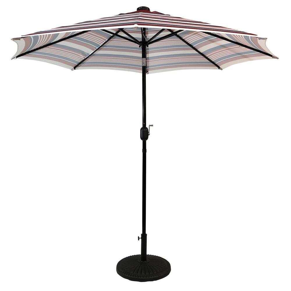 Sun Ray 9 Ft Steel Market Solar Lighted 8 Rib Round Patio Umbrella In Scarlet Striped 841005 The Home Depot