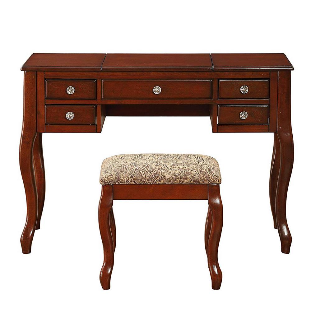 Benjara Cherub Cherry Brown Vanity Set Featuring Stool And