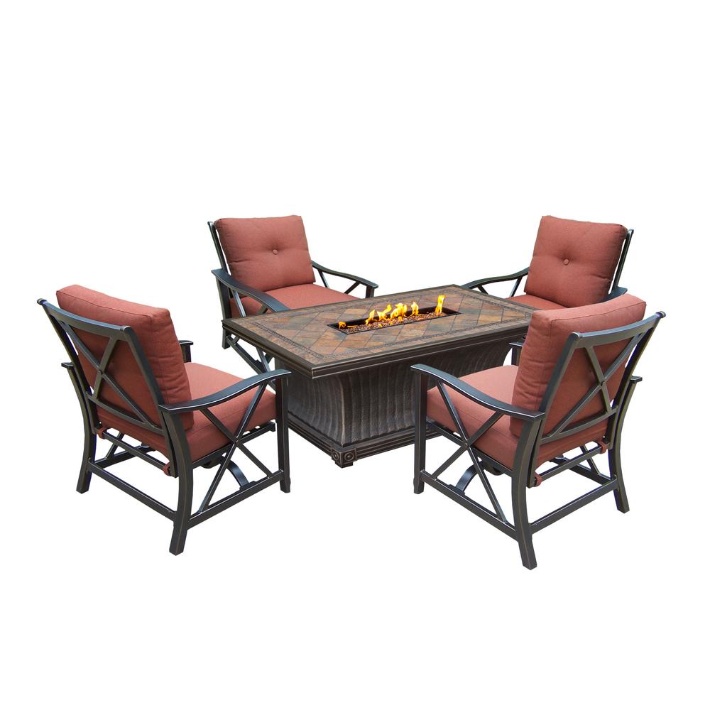 5-Piece Aluminum Patio Fire Pit Conversation Set with Red Cushions