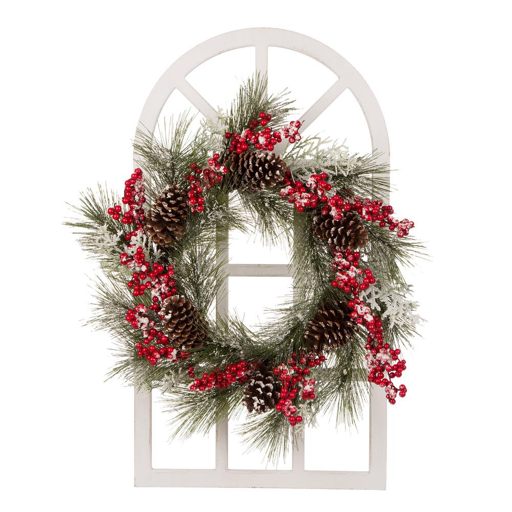 Glitzhome 24 In Dia Flocked Pinecone And Berry Wreath With Wooden