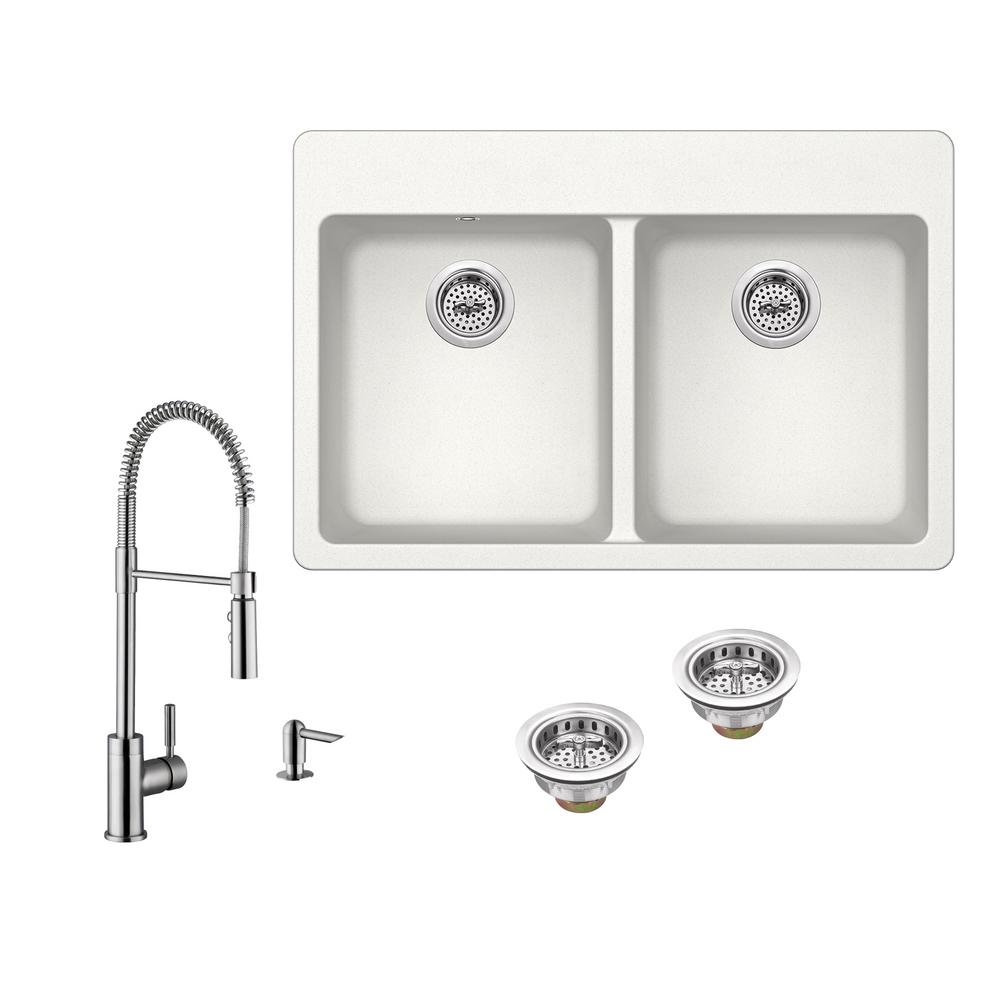 All In One Drop Granite Composite 33 4 Hole 50 Double Bowl All In One Drop Granite Composite 33 4 Hole 50 Double Bowl Kitchen Sink White With Faucet Brushed Nickel Iptgr33225050p7556 Alp The Home