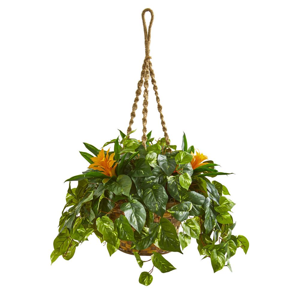 Nearly Natural 31 In Indoor Bromeliad And Pothos Artificial Plant Indoor Bromeliad And Pothos Artificial Plant In Hanging Basket
