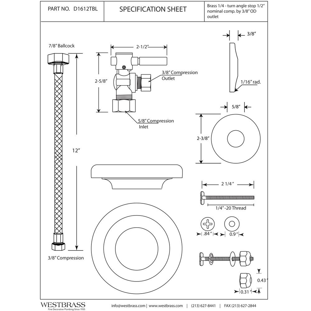 D1612TBL-26 Polished Chrome Westbrass 1//2 Nominal Compression Lever Handle Angle Stop Toilet Installation Kit with Steel Supply Line