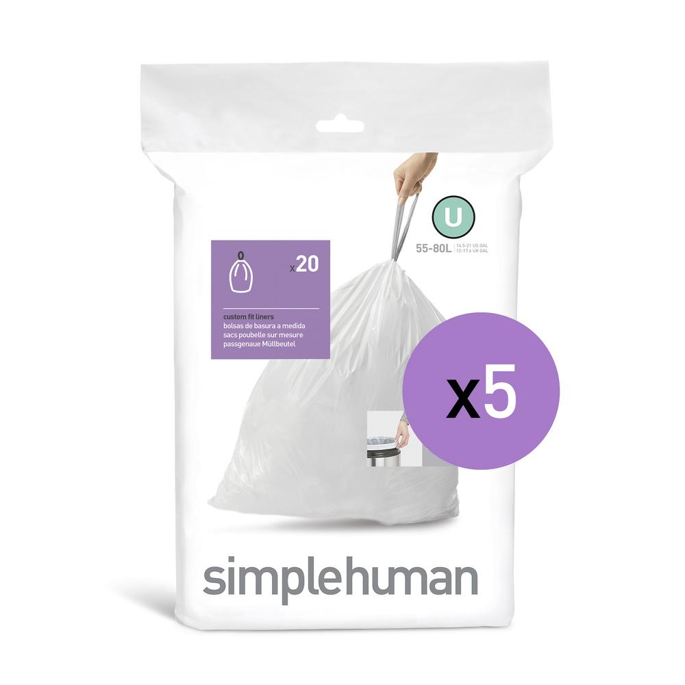 simplehuman 14.5 Gal/55 Liter Custom Fit Trash Can Liner, Code U, 100