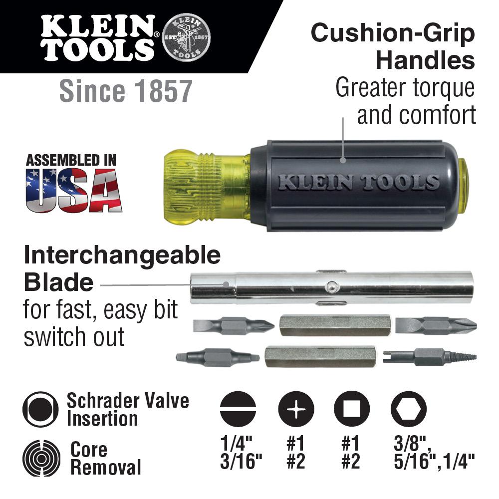 Klein Tools 11 In 1 Multi Bit Screwdriver Nut Driver With Schrader Valve Core Tool Cushion Grip Handle The Home Depot