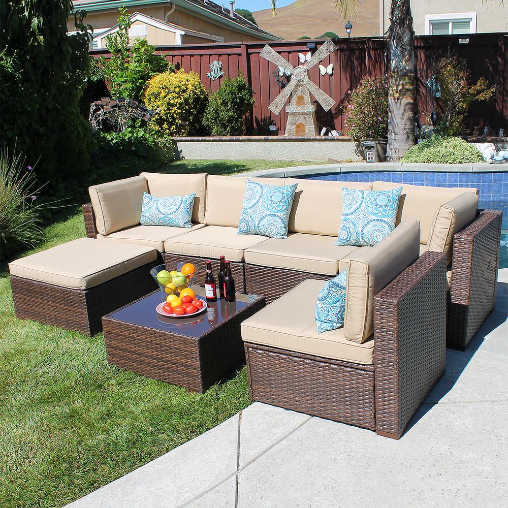 Freestyle Patiorama Brown 7 Piece Wicker Outdoor Sectional Sofas With Beige Cushions Hd Fy 06 The Home Depot