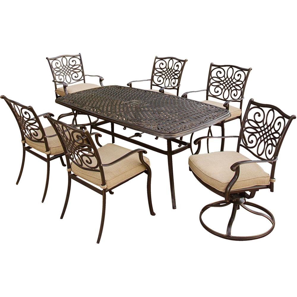 Hanover Fontana 7 Piece Aluminum Rectangular Outdoor Dining Set 7 Piece Aluminum Rectangluar Outdoor Dining Set With 2 Swivel Chairs Protective