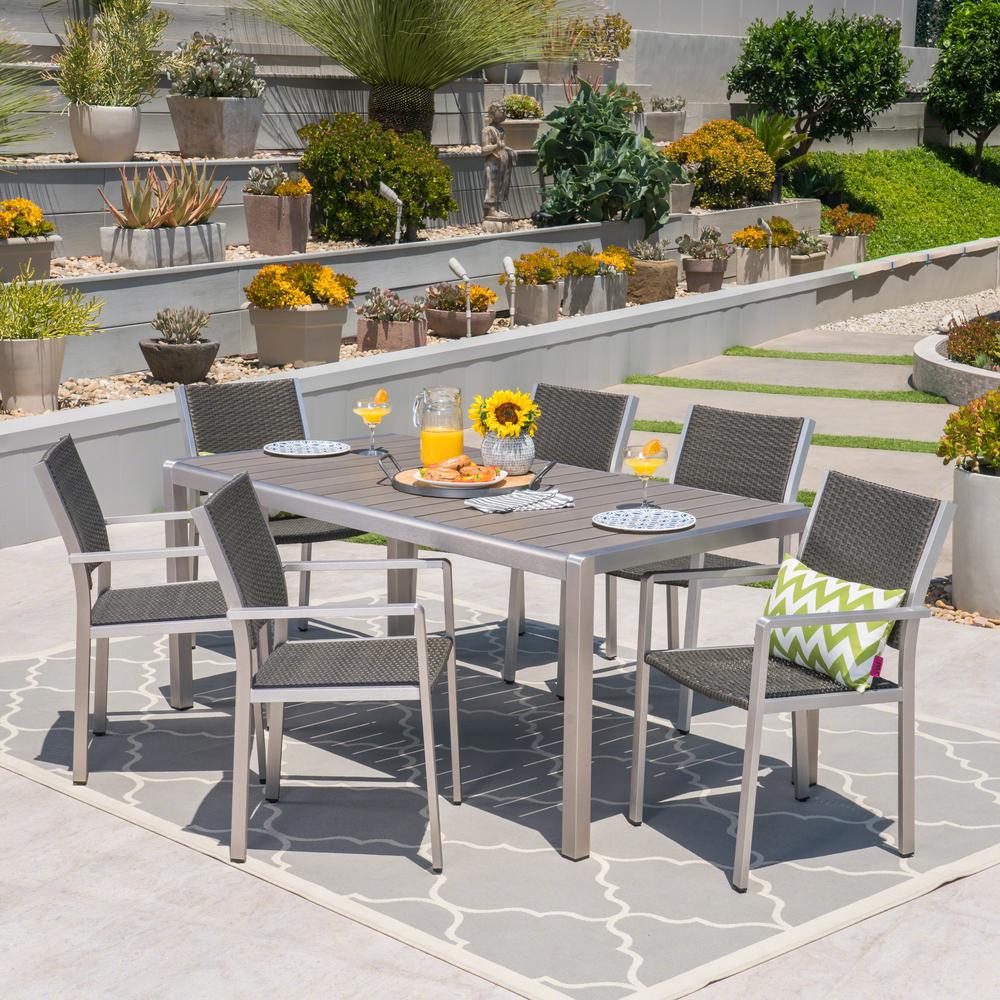 Wood Aluminum Patio Dining Sets Furniture The Cape C Silver 7 Piece Aluminum And Wicker Outdoor Dining Set With Gray Faux Wood