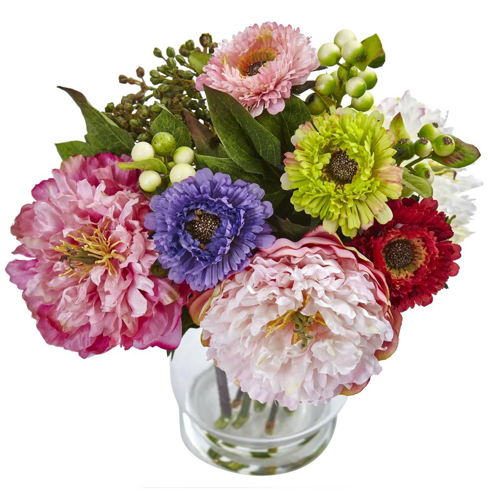 Nearly Natural Peony And Mum In Glass Vase Mood-lifting Arrangement Home Decor