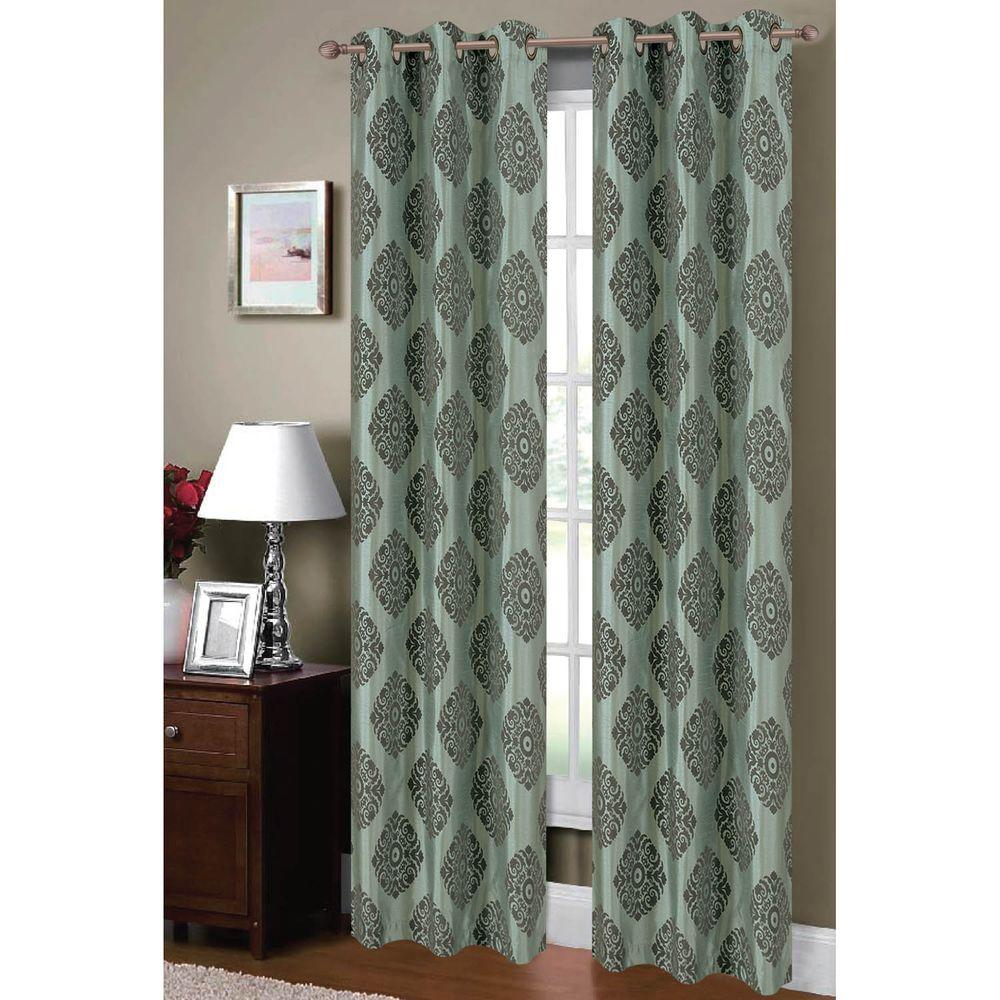 Window Elements Semi-Opaque Suzani Flocked Faux Silk 84 in. L Grommet Curtain Panel Pair, Aqua ...