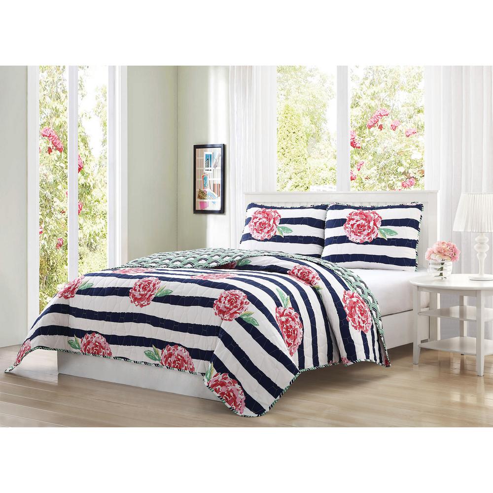 Marielle 3 Piece Navy Pink Green White King Quilt Set Ymz007304