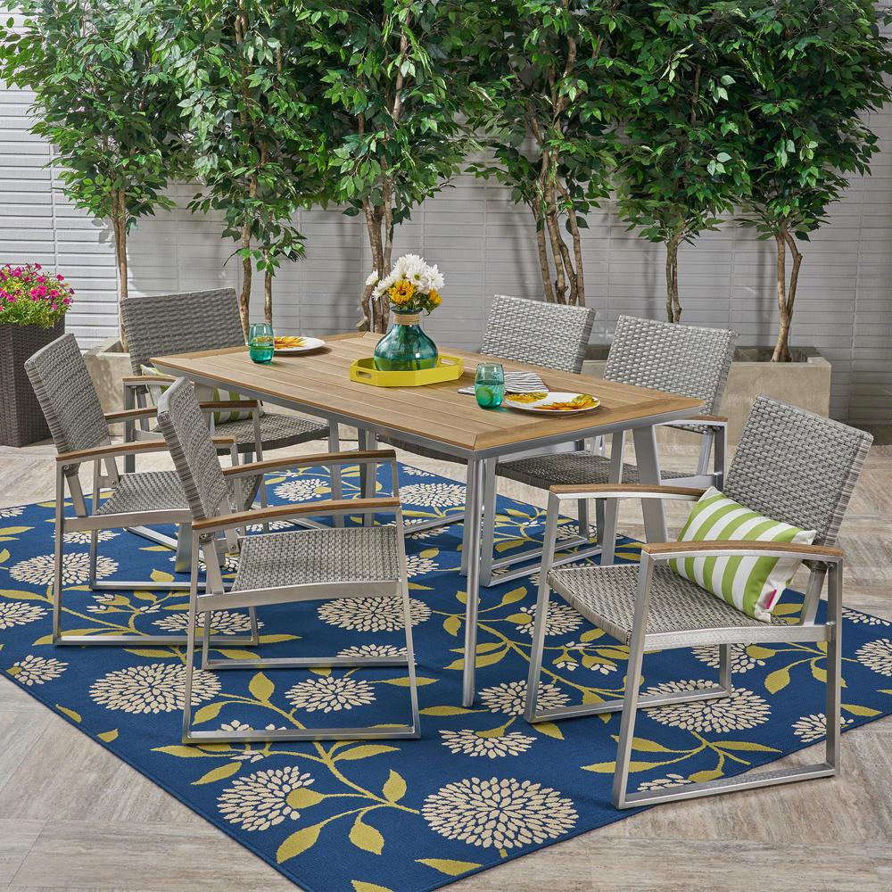 Wood Aluminum Patio Dining Sets Furniture The Leeds Silver 7 Piece Aluminum And Grey Wicker Outdoor Dining Set With Faux Wood Table