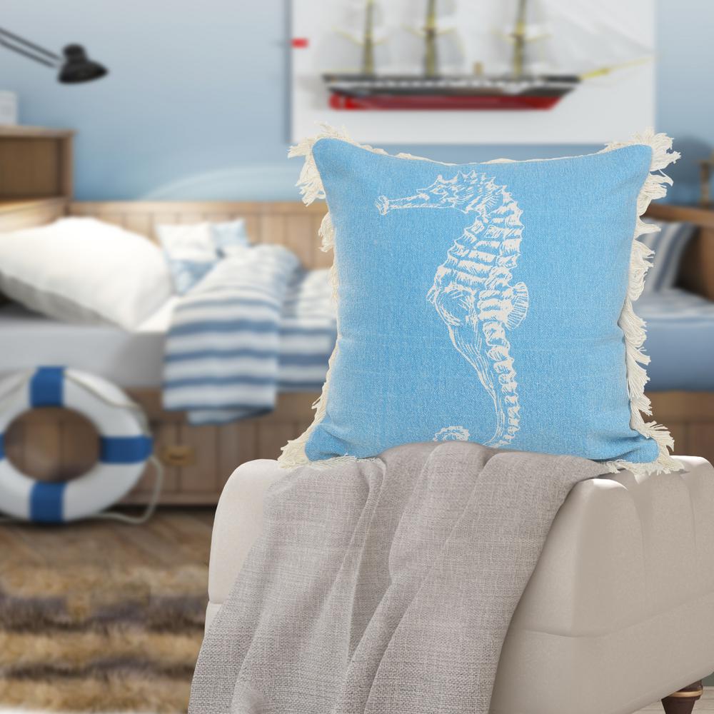 Lr Home 18 In X 18 In Blue Cream Coastal Seahorse Fringe