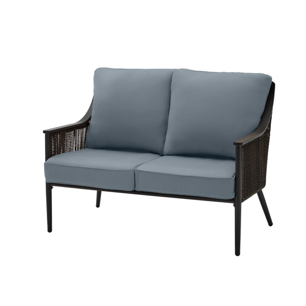 Hampton Bay Bayhurst Black Wicker Outdoor Patio Loveseat With Sunbrella Denim Blue Cushions H008 01212300 The Home Depot