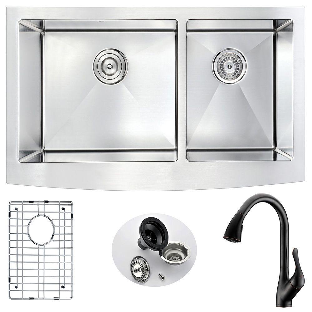 Anzzi Elysian Farmhouse Stainless Steel 36 In Double Bowl Kitchen