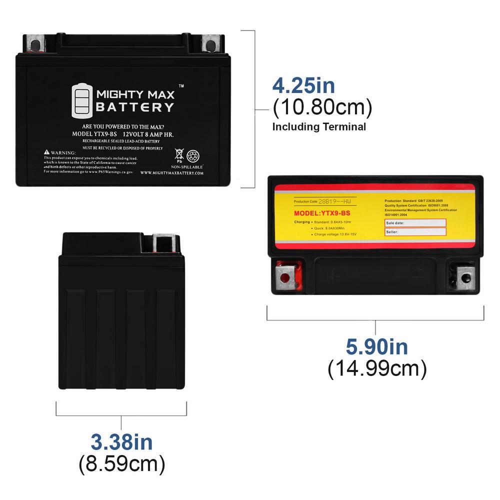 Batterie Yuasa de YTX9-BS Dimensions : 150/ x 87/ x 105 pour Kawasaki Z1000//ABS Ann/ée de construction 2014 12/ V//8ah