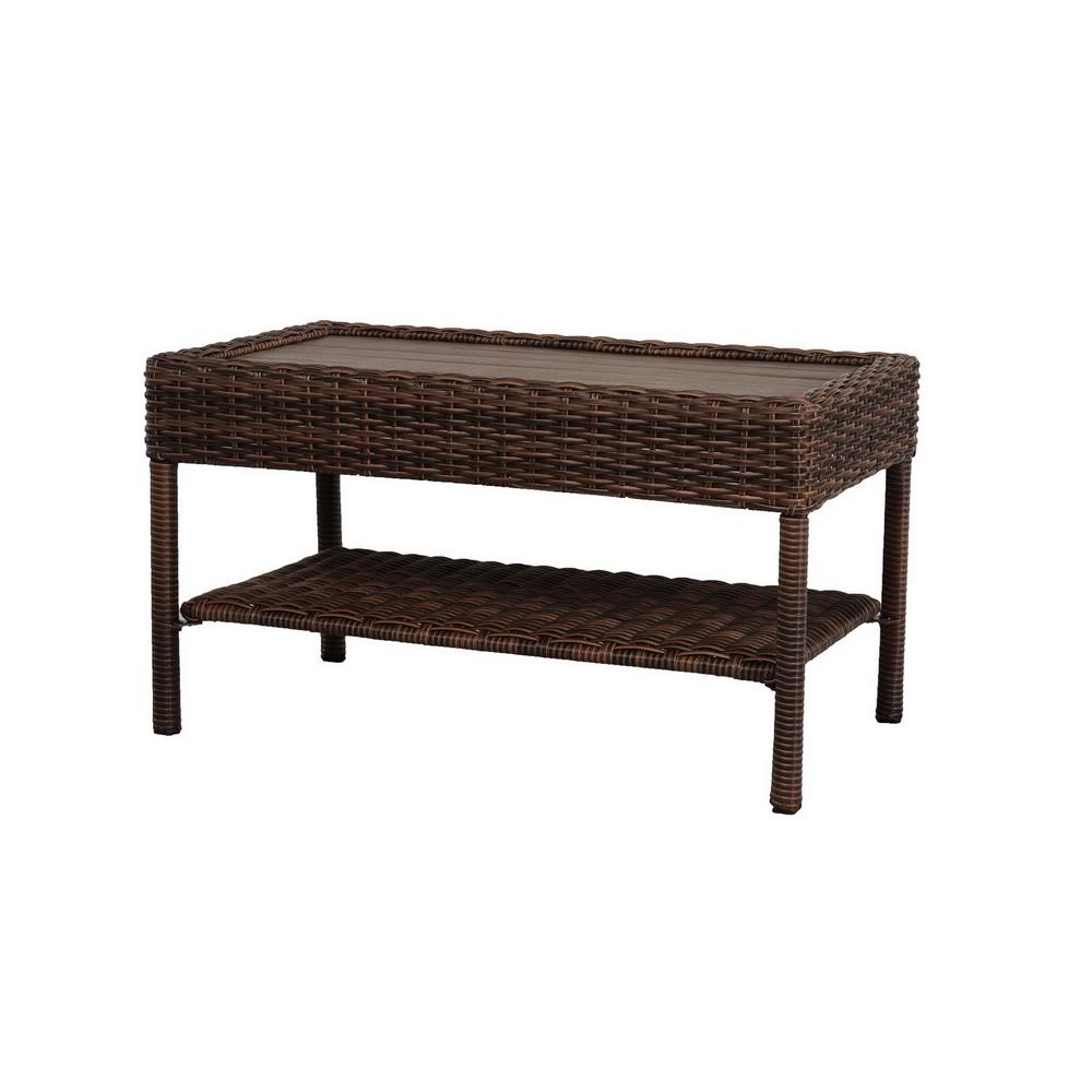 Hampton Bay Cambridge Brown Rectangular Wicker Outdoor Coffee Table With Faux Wood Top 65 17148b5 The Home Depot