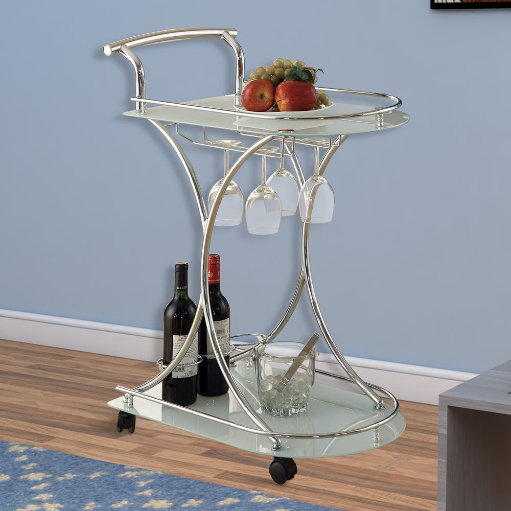 Benjara Captivating Silver Serving Cart with 2Frosted Glass Shelves