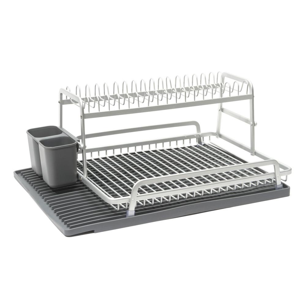 Ta Da Double Level 21 In X 14 75 Dish Rack Brushed Aluminum Dish Rack In Brushed Aluminum With Dark Grey Silicone Mat