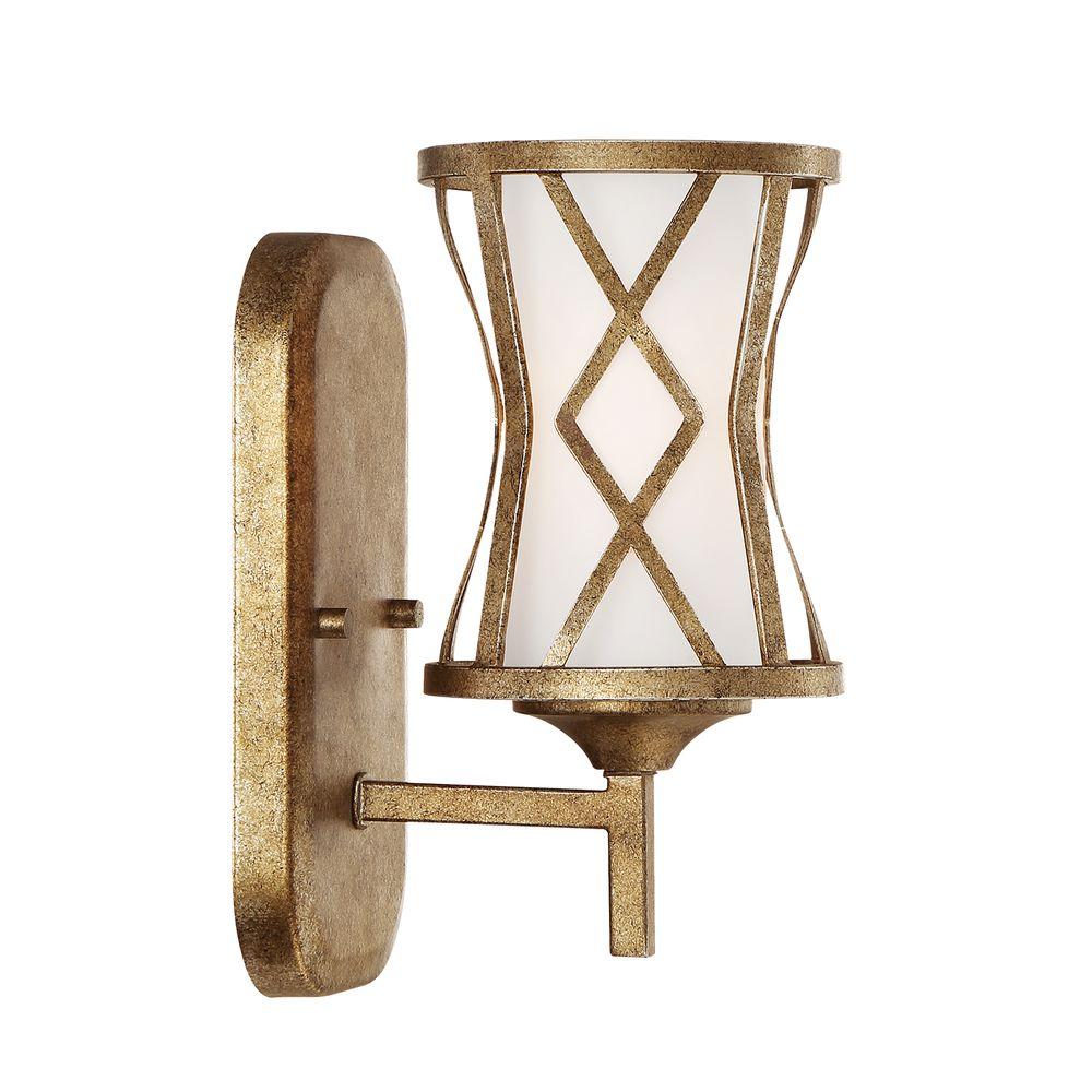Lakewood Collection 1 Light Vintage Gold Wall Sconce With Etched White Glass