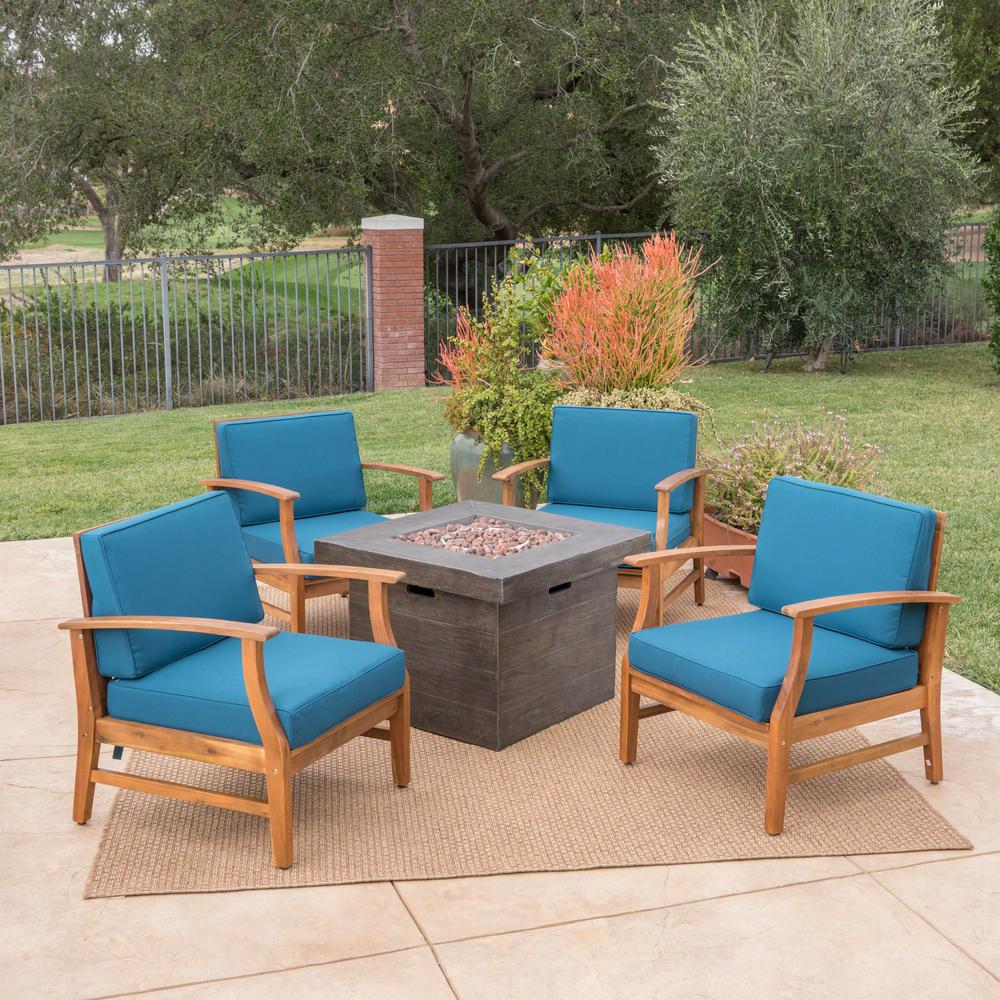 Noble House Kourtney Teak Brown 5-Piece Wood Patio Fire Pit Seating Set ...