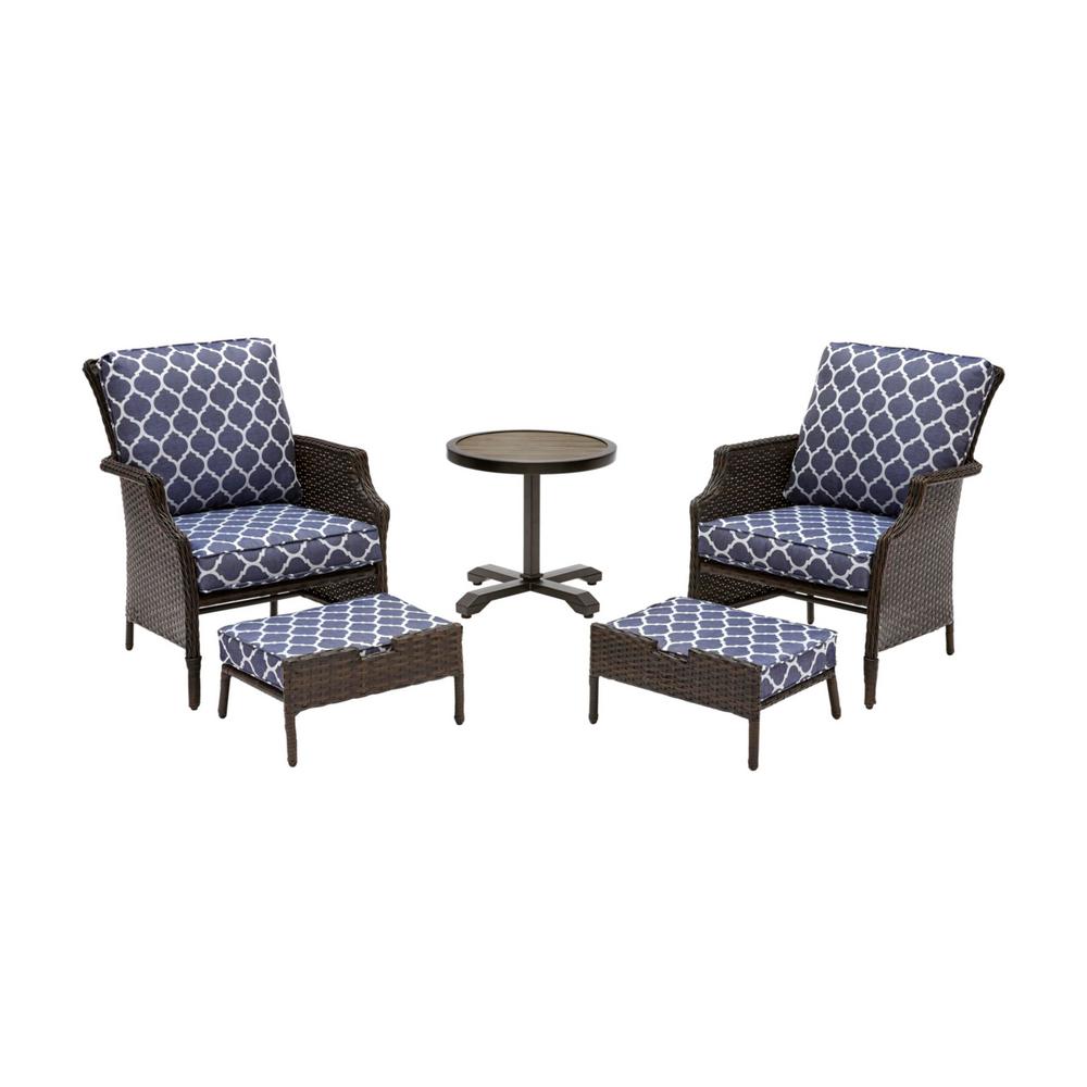 Hampton Bay Grayson Brown 5 Piece Wicker Outdoor Patio Small Space Seating Set With Cushionguard Midnight Trellis Navy Blue Cushions H076 01448200 The Home Depot