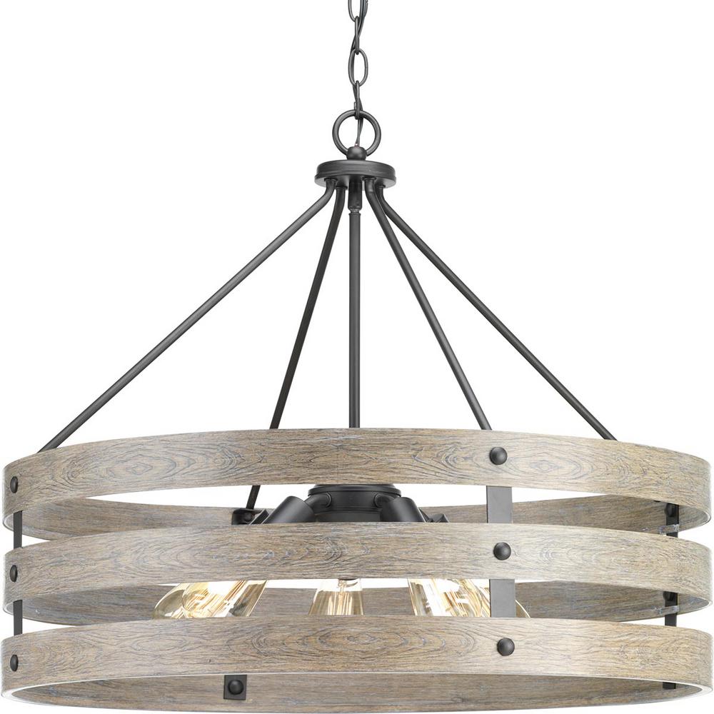 Progress Lighting Gulliver 5 Light Graphite Drum Pendant With Weathered Gray Wood Accents P500090 143 The Home Depot