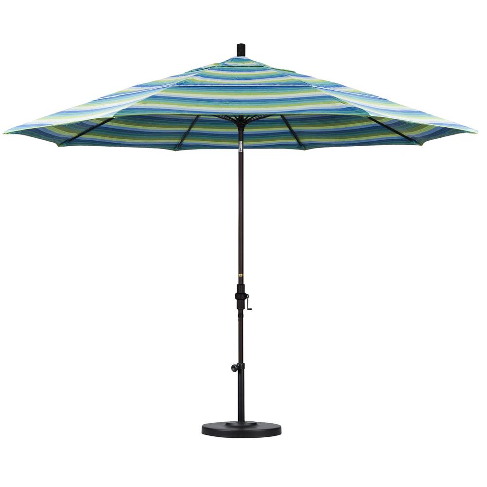 California Umbrella 11 Ft Bronze Aluminum Pole Market Fiberglass Collar Tilt Crank Lift Outdoor Patio Umbrella In Seville Seaside Sunbrella Gscuf118117 5608 Dwv The Home Depot