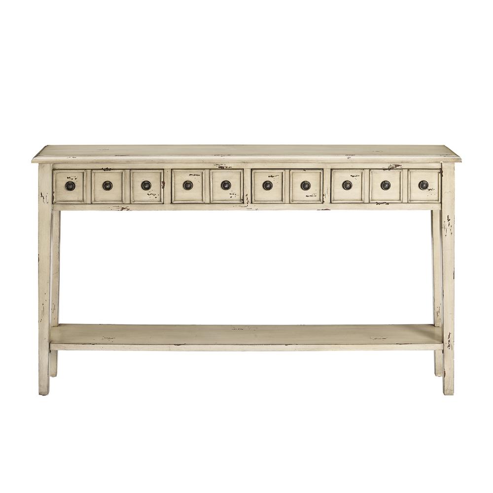 long console table with shelves