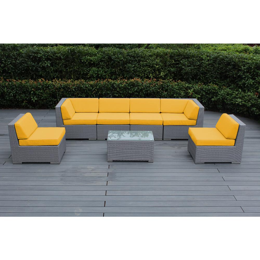 Ohana Depot Gray 7 Piece Wicker Patio Seating Set With Sunbrella Sunflower Yellow Cushions Pn7037gr Syl The Home Depot