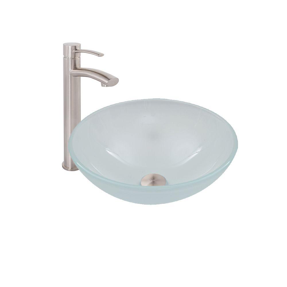 VIGO Vessel Sink in White Frost and Milo Faucet Set in Brushed Nickel