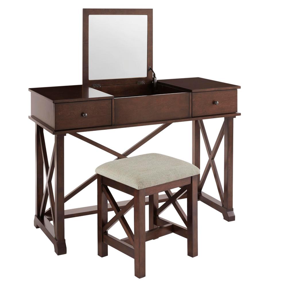 Home Decorators Collection Dawton Chocolate Wood Vanity Set With Inset Mirror And Upholstered Stool 4610 In W X 3230 In H Bf 25644 Ch Ak The Home Depot