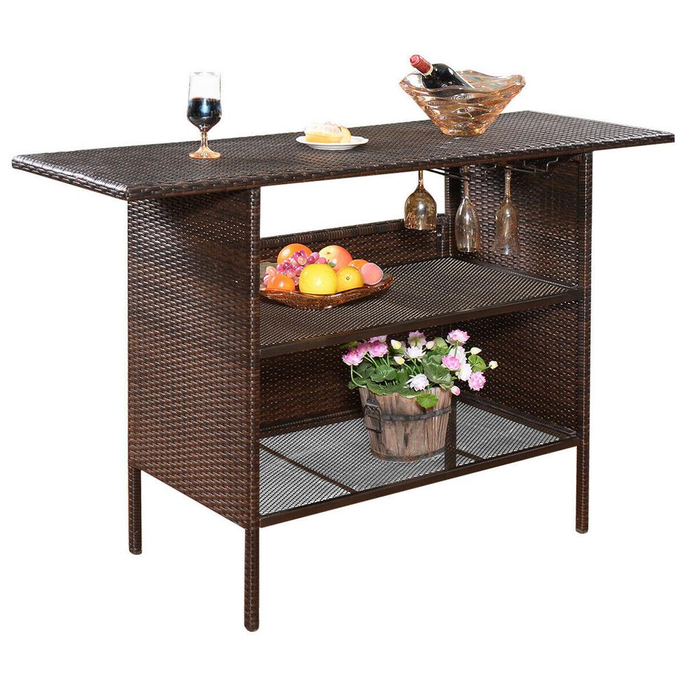 Costway Rattan Wicker Outdoor Serving Bar Counter Table Shelves Garden Patio Furniture In Brown Hw52884 The Home Depot