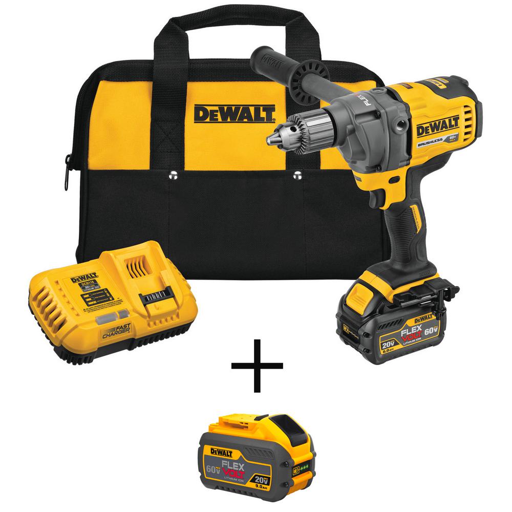 DEWALT FLEXVOLT 60V MAX Cordless Brushless 1/2 in. Concrete Mud Mixer/Drill with E-Clutch and (1) FLEXVOLT 6.0Ah and 9Ah