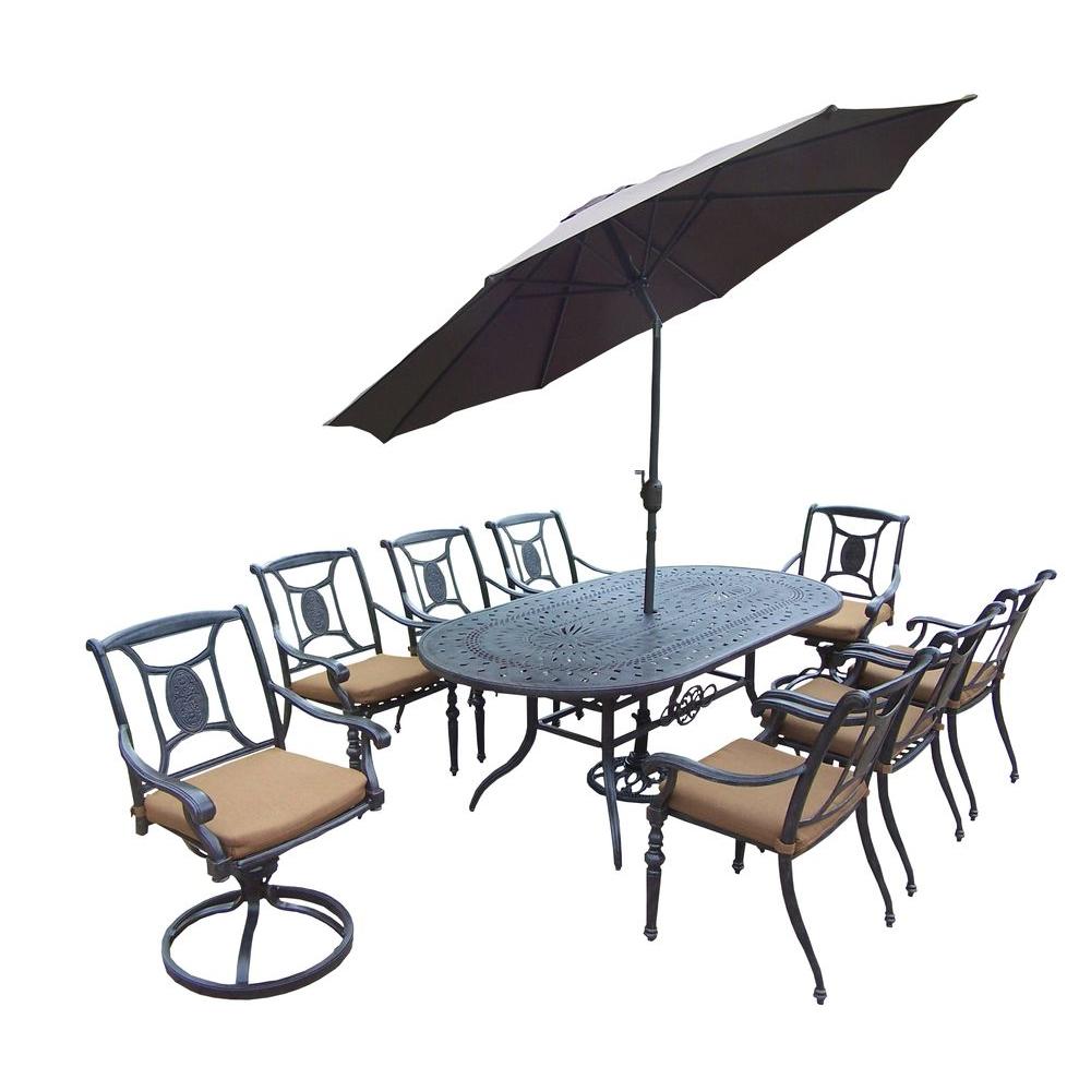 Belmont Black 9 Piece Aluminum Oval Patio Dining Set With Sunbrella Belmont Black 9 Piece Aluminum Oval Patio Dining Set With Sunbrella Brown Cushions