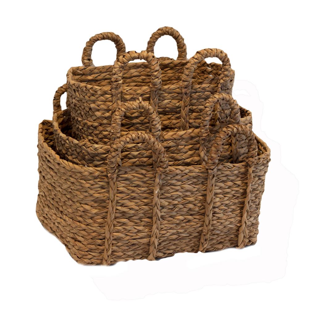 Rectangle Braided Rush Baskets with Ear Handles (Set of 3)