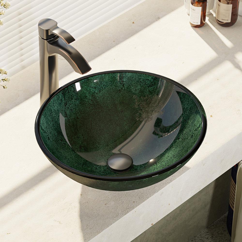 Rene Glass Vessel Sink in Woodland Green and Black with R97006 Faucet
