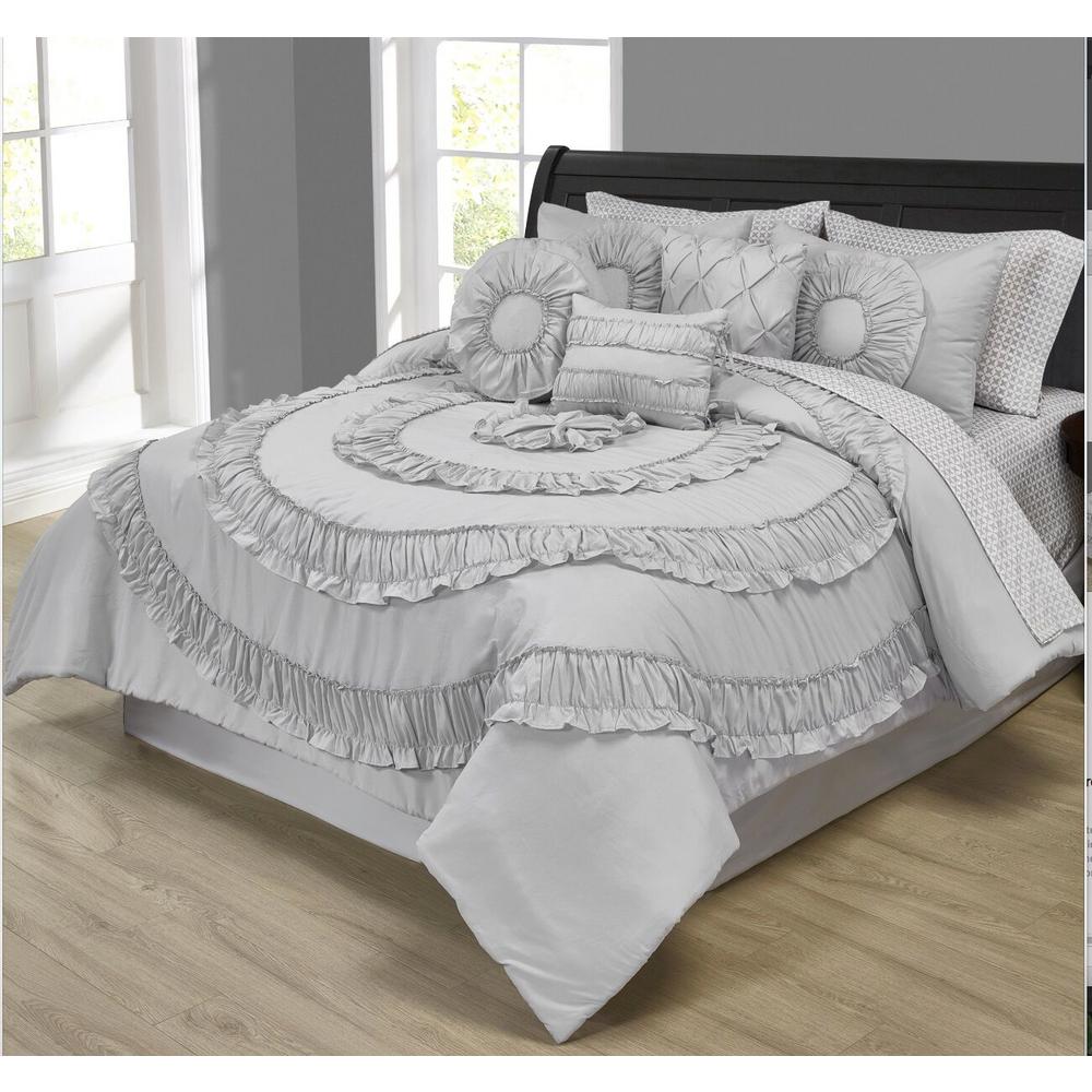 Addison House Reese 6 Piece Gray Queen Ruffle Comforter Set With