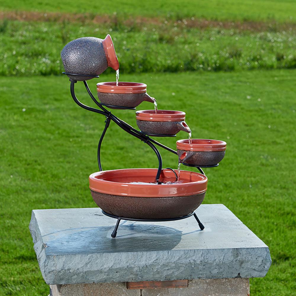 Smart Solar Ceramic Cascade Fountain With Tangerine And Rustic Smart Solar Ceramic Cascade Fountain With Tangerine And Rustic Brown Finish