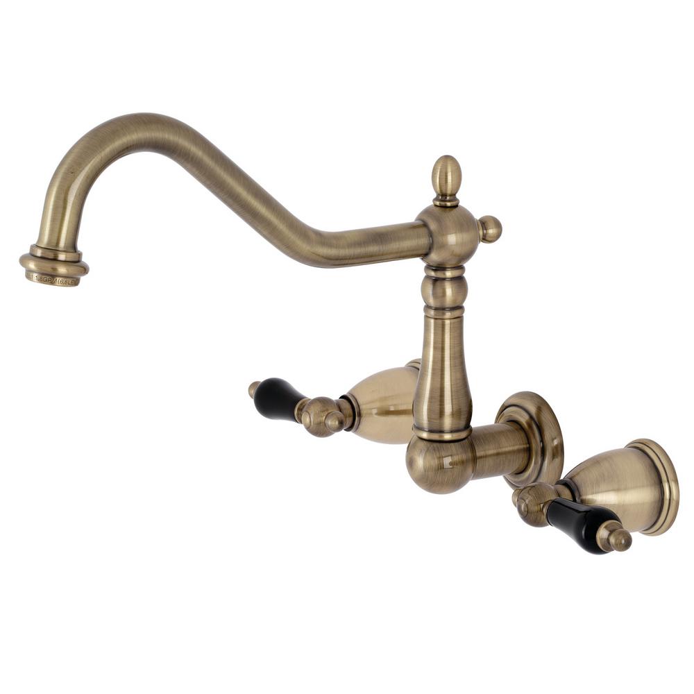 Kingston Brass Duchess 2 Handle Wall Mount Kitchen Faucet In Antique Brass Hks1283pkl The Home Depot