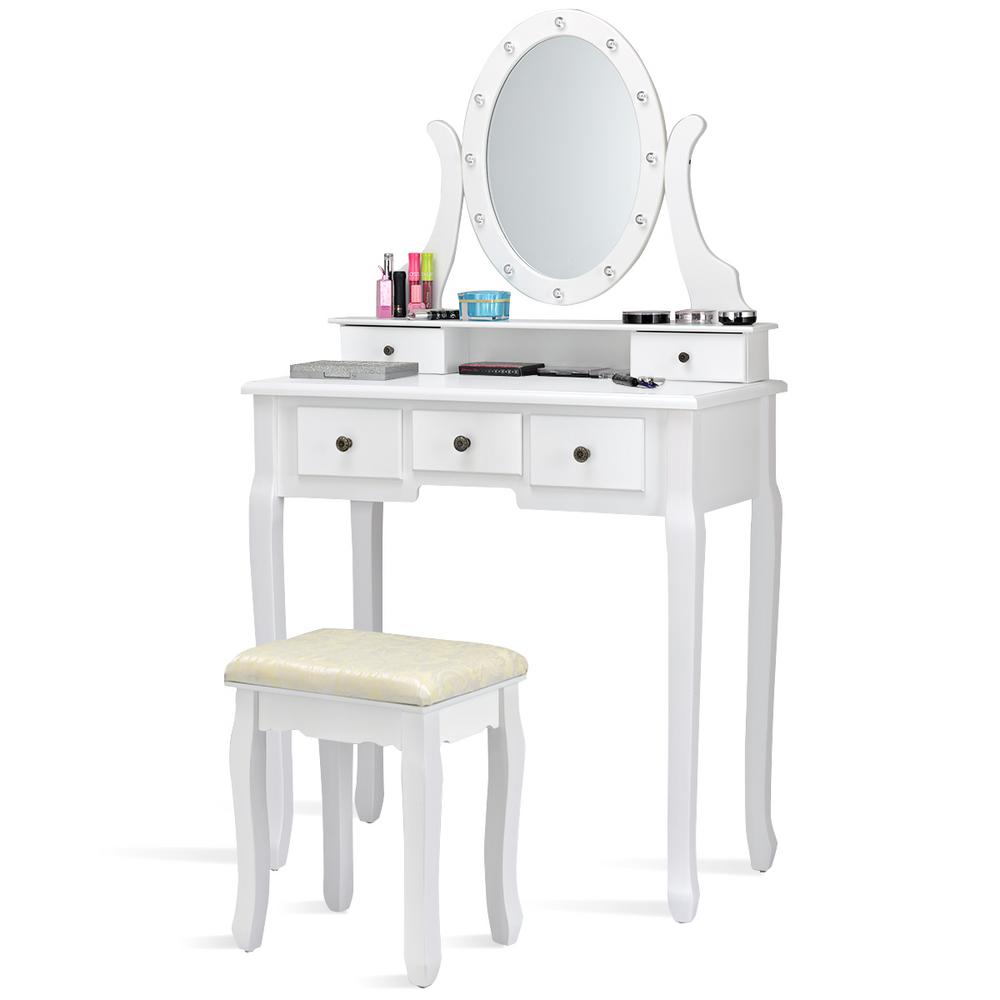 Costway White Wood Vanity Set Makeup Dressing Table Chair With 5 Drawers And Lighted Mirror Hw60151wh The Home Depot