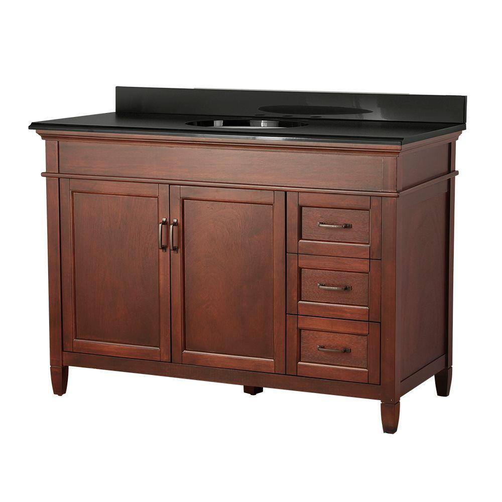Home Decorators Collection Ashburn 49 in. W x 22 in. D Vanity in Mahogany with Right Drawers with Colorpoint Vanity Top in Black was $1199.0 now $839.3 (30.0% off)