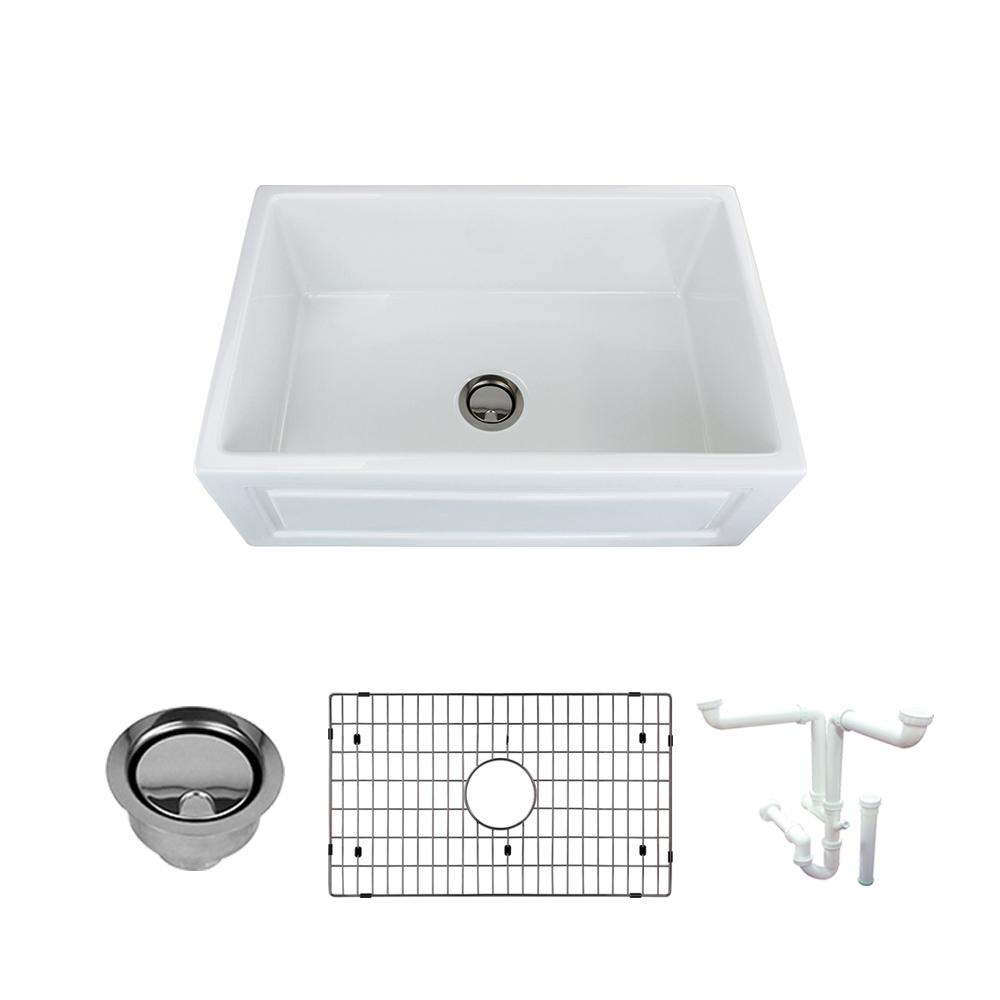 Transolid Logan All In One Farmhouse Apron Front Fireclay 30 In Single Bowl Kitchen Sink In White