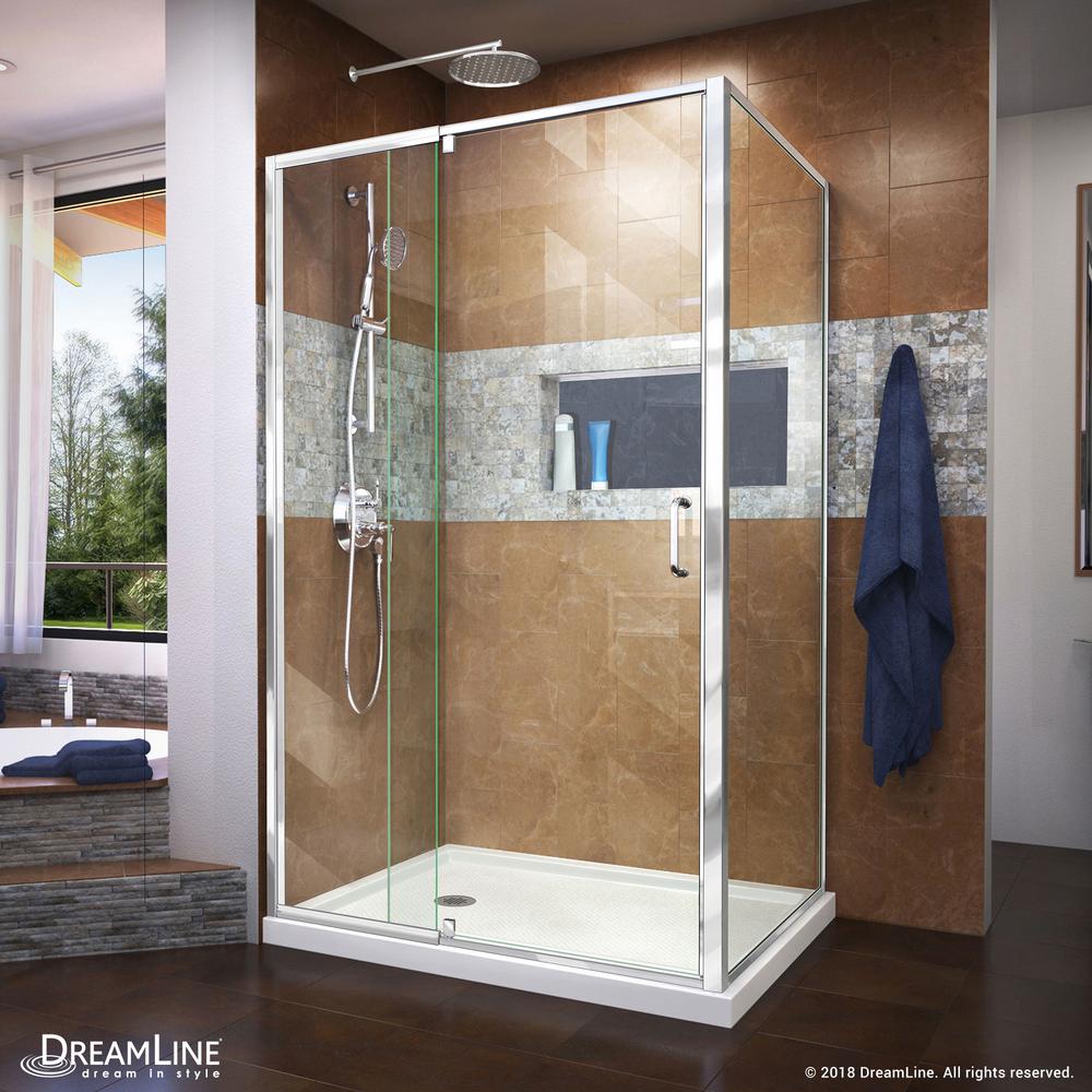 Dreamline Flex 36 In D X 48 W 74 75 Framed Pivot Shower Flex 36 In D X 48 W 74 75 Framed Pivot Shower Enclosure Chrome With Left Drain White Acrylic Base Kit