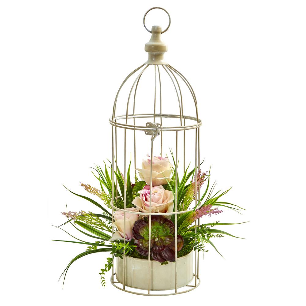 Indoor Rose Grass And Succulent Artificial Arrangement In Bird Cage