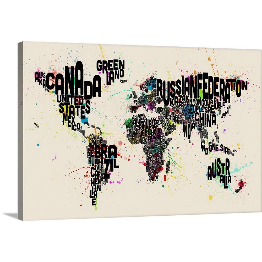 Paint Splashes Text Map Of The World Black Letters By Michael Tompsett Canvas Wall Art